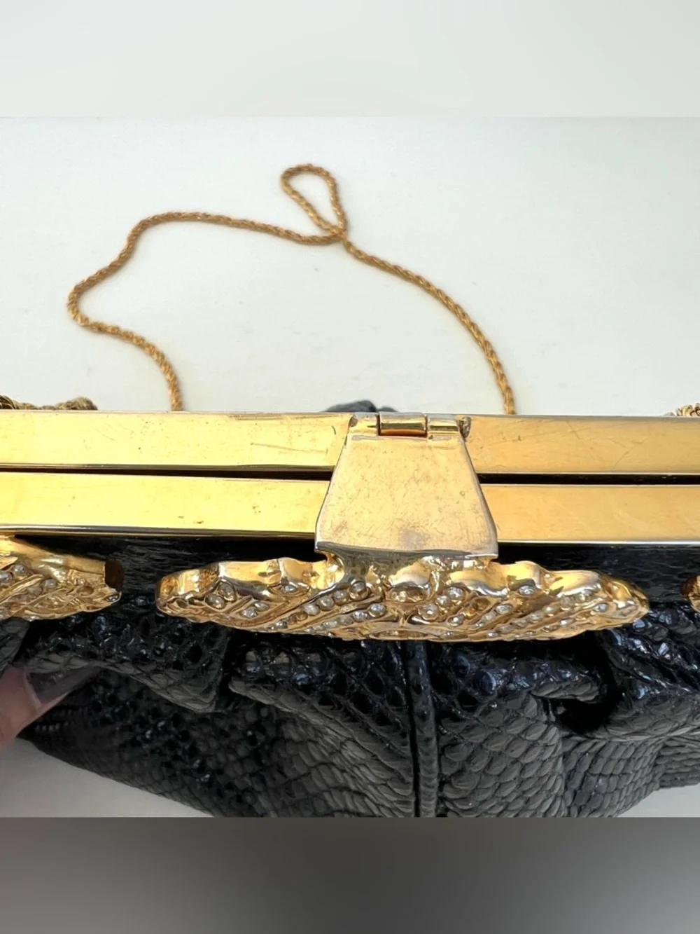 CAROL FIORI Italy Vintage Black Snake Leather Rhinestone Cocktail Evening Purse